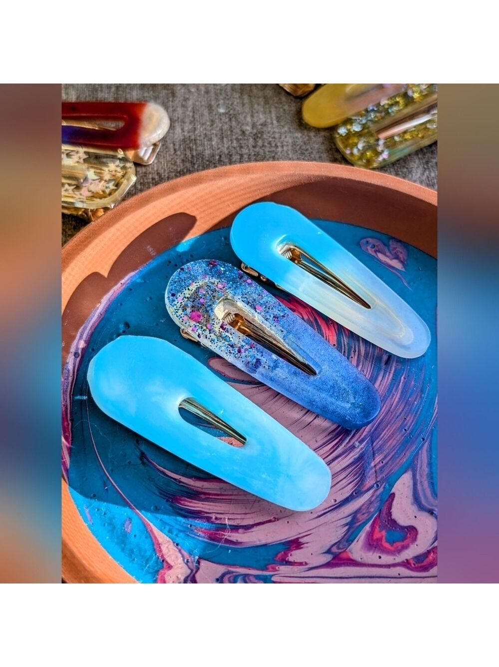 Handmade blue resin hair accessories